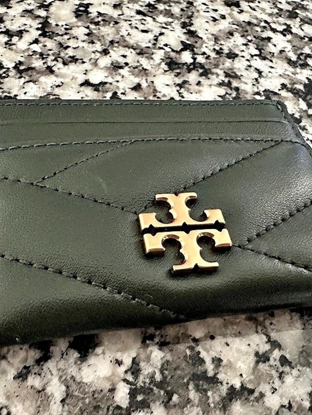 Tory Burch Kira Chevron Forest Green Quilted Leather Card Case Wallet - Picture 2 of 7